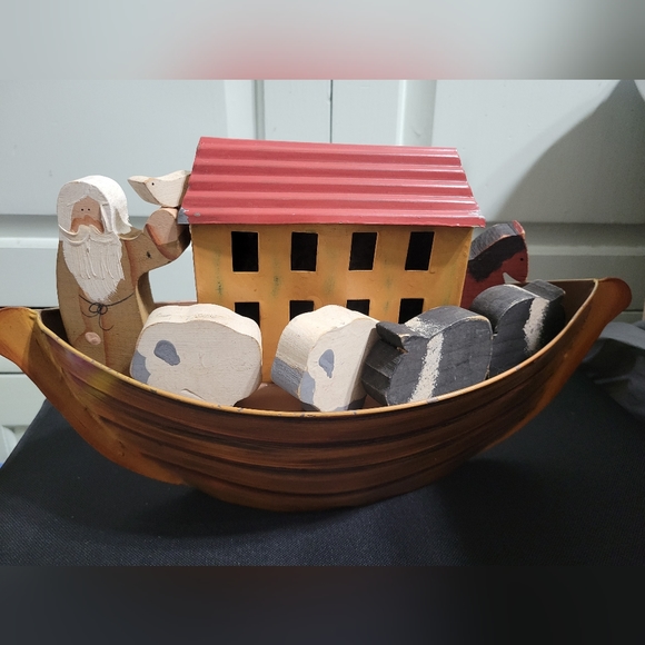Noah's Ark Figurine Set Wooden Animal Figures with Metal Ark htf - Picture 1 of 16